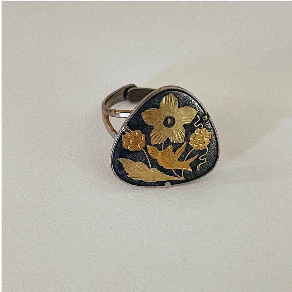 Vintage Damascene Style Whimsigoth Adjustable Ring Gold Tone Flower Sparrow